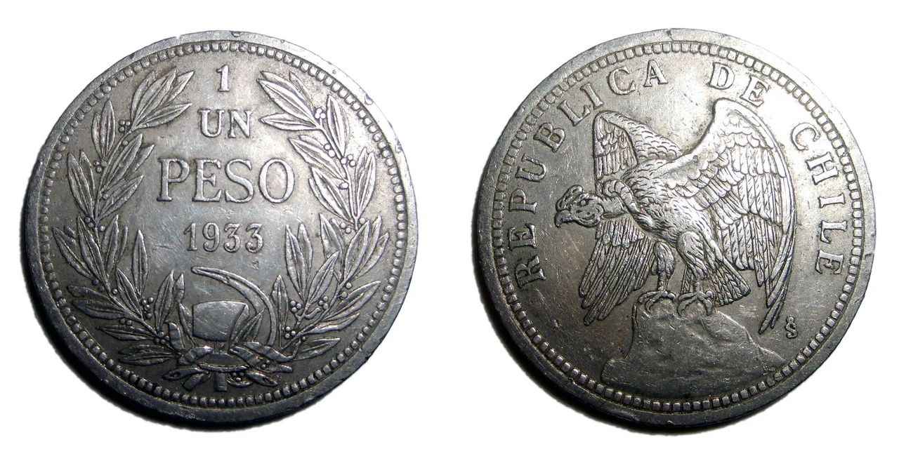 Moneda de 1peso chileno del año 1933.