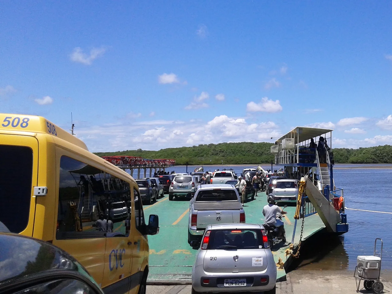 Entrance to the ferry in the Buranhém River between the Arraial d'Ajuda district and Porto Seguro, Bahia, Brazil.