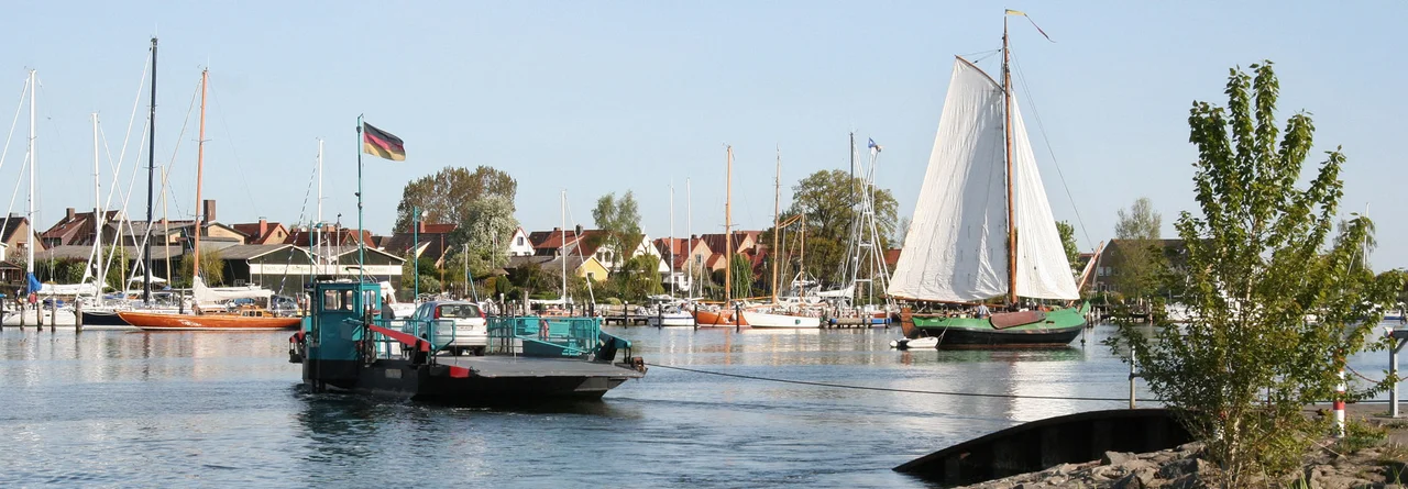 Ferry Arnis &amp; Panorama from Arnis - seen from Sundsacker. Original photo from the year 2007 by Eckhard Schmidt (Arnis, 1943 - 2012).
