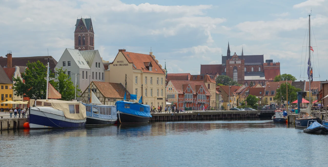 View from the Old Harbour (Alter Hafen) towards the historic city of Wismar, Landkreis Nordwestmecklenburg, Mecklenburg-Vorpommern, Germany.